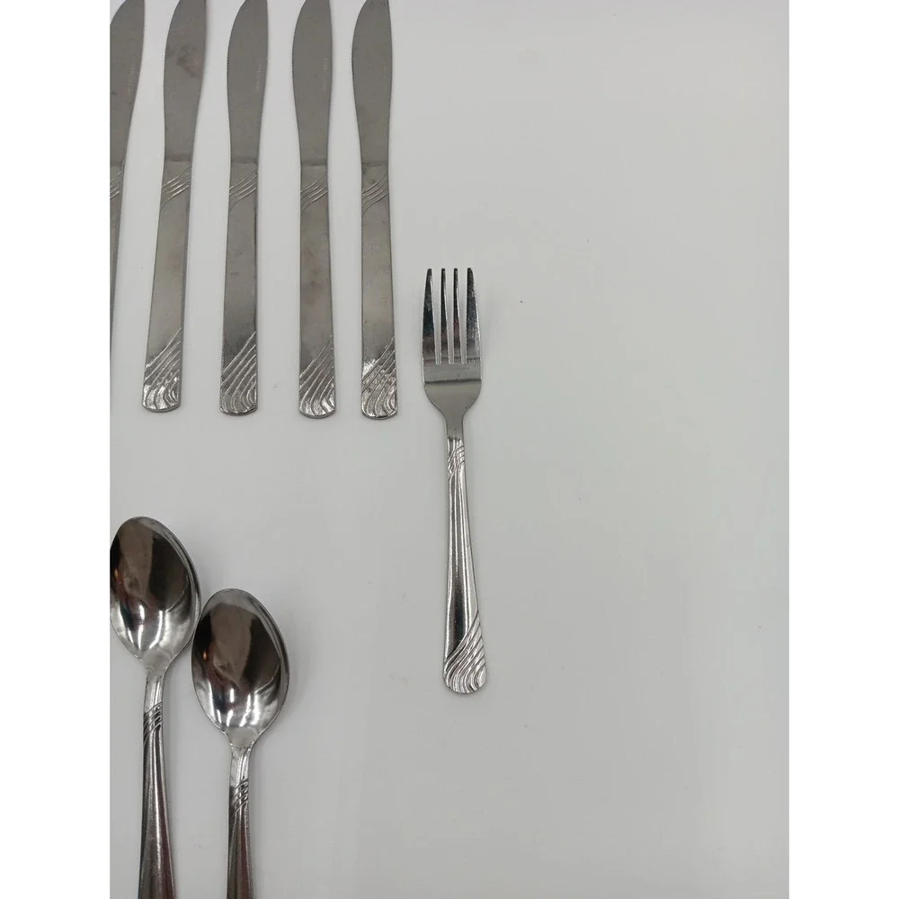 26pc PFF100 Pfaltzgraff Stainless Steel‎ Flatware Swirls Fork Spoon Knife LOT